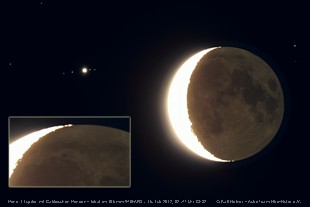 Mondsichel und Jupiter während der Annäherung.